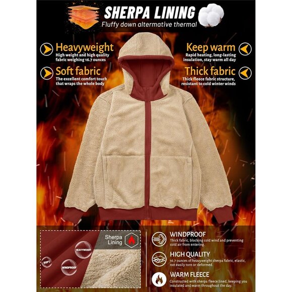 Mens Winter Hoodie Full Zip Fleece Sherpa Lined Warm Red Casual Sweatshirt - Picture 2 of 6